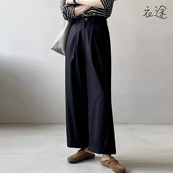 [衣途]天絲棉高腰俐落捲邊直筒褲M-L(KDPQ-B021) L 黑色