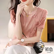 【初色】純色拼接荷葉邊泡泡袖短袖圓領寬鬆T恤上衣-粉紅色-30360(M-2XL可選) M 粉紅色