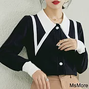 【MsMore】 黑色娃娃領針織衫時尚減齡長袖短版上衣# 118723 FREE 黑色