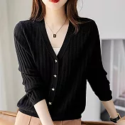 【MsMore】 韓版海星金屬扣法式V領氣質長袖針織純色開衫短版上衣# 119488 FREE 黑色