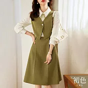 【初色】假兩件式襯衫領單扣背心顯瘦長袖中長裙連衣裙連身洋裝-綠色-30310(M-2XL可選) M 綠色