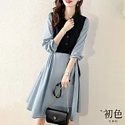 【初色】拼接翻領寬鬆長袖綁帶鬆緊收腰連衣裙連身中長裙洋裝-藍色-30351(M-2XL可選) XL 藍色