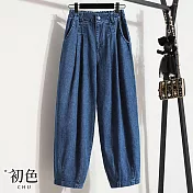 【初色】大碼高腰休閒九分牛仔褲長褲-共2色-30413(M-2XL可選) M 深藍色
