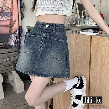 【Jilli~ko】復古高腰雙口袋牛仔包臀短裙 M-L J11050  L 藍色