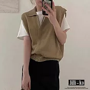 【Jilli~ko】韓版疊穿外搭拉鍊針織無袖開衫馬甲 J11025 FREE 卡其色