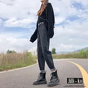 【Jilli~ko】可調節高腰寬鬆牛仔蘿蔔直筒褲 M-XL J11000 M 黑色