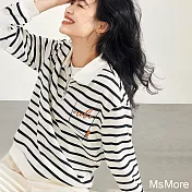 【MsMore】 條紋Polo領上衣設計感寬鬆慵懶拉鍊短版上衣# 118866 M 米白色