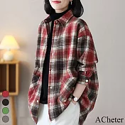 【ACheter】 格子襯衫大碼外套時尚長袖中長版襯衫上衣# 119013 XL 紅色