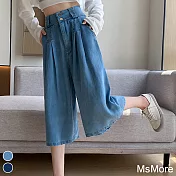 【MsMore】 牛仔褲天絲感高腰雙扣七八分闊腿大襬裙褲# 119354 M 藍色