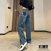 【Jilli~ko】高腰毛邊設計拼色闊腿直筒牛仔褲 M-2XL J11033  XL 藍色