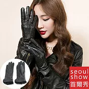 seoul show首爾秀 小羊皮兔毛拼接縫線造型加絨手套  黑色