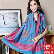 Seoul Show首爾秀 藏傳花間 仿羊絨雙面提花圍巾披肩  粉框湖藍底