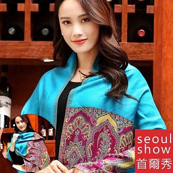 Seoul Show首爾秀 荼蘼花語 棉質編織保暖圍巾披肩  孔雀藍