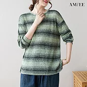 【AMIEE】舒適休閒圓領條紋針織衫(4色/L-XL/KDTQ-5858) L 綠色
