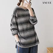 【AMIEE】舒適休閒圓領條紋針織衫(4色/L-XL/KDTQ-5858) L 卡其