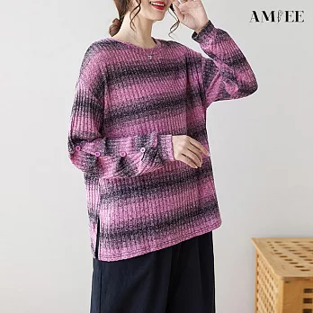【AMIEE】舒適休閒圓領條紋針織衫(4色/L-XL/KDTQ-5858) L 粉色