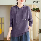【AMIEE】柔軟直坑條連帽針織衛衣(6色/XL-4XL/KDTQ-6489) XL 紫色