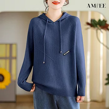 【AMIEE】柔軟直坑條連帽針織衛衣(6色/XL-4XL/KDTQ-6489) XL 藍色