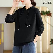 【AMIEE】柔軟直坑條連帽針織衛衣(6色/XL-4XL/KDTQ-6489) XL 黑色