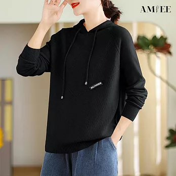 【AMIEE】柔軟直坑條連帽針織衛衣(6色/XL-4XL/KDTQ-6489) 3XL 黑色