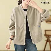 【AMIEE】經典休閒圓領排扣衛衣外套(4色/M-XL/KDCQ-2336) XL 卡其色