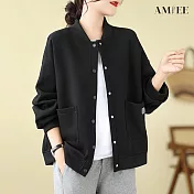 【AMIEE】經典休閒圓領排扣衛衣外套(4色/M-XL/KDCQ-2336) L 黑色