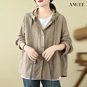 【AMIEE】簡約棉質連帽襯衫外套(2色/L-XL/KDCQ-2339) L 卡其
