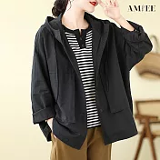 【AMIEE】簡約棉質連帽襯衫外套(2色/L-XL/KDCQ-2339) L 黑色