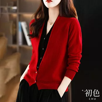 【初色】紅黑撞色V領假兩件長袖針織開衫外套女上衣-共2色-30424(F可選) F 紅色