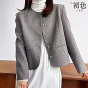 【初色】小香風素色簡約圓領排釦長袖上衣短款夾克西裝外套-共2色-30522(M-2XL可選) M 灰色