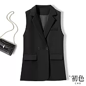 【初色】翻領寬鬆長版馬甲無袖背心外套上衣-共2色-30518(M-2XL可選) M 黑色
