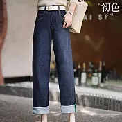 【初色】休閒直筒斜紋面料牛仔寬褲長褲-深藍色-30564(M-XL可選) XL 深藍色