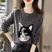 【初色】貓咪落肩長袖圓領簡約針織衫毛衣上衣-灰色-30633(F可選) F 灰色