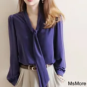 【MsMore】 浪漫長袖花藍調領巾款垂感抗皺小寬鬆襯衫短版上衣# 119182 M 紫色