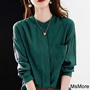 【MsMore】 綠色立領裝飾撞色壓線長袖襯衫百搭短版上衣# 118601 M 綠色