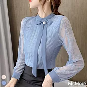 【MsMore】 長袖蕾絲衫修身時尚潮流遮肚子利領短版上衣# 118664 M 藍色