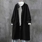 【ACheter】 復古長版立領收腰風衣長袖休閒顯瘦純棉洗水圓領外套# 119601 XL 黑色
