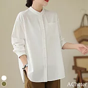 【ACheter】 日系復古大地襯衫通勤小立領長袖外罩短版上衣# 119616 XL 白色