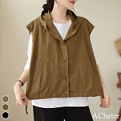 【ACheter】 韓版寬鬆大碼純棉馬夾外套無袖連帽外搭上衣# 119617 L 咖色