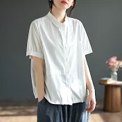 【ACheter】 文藝復古麻棉短袖襯衫寬鬆顯瘦百搭純色短版上衣# 119663 L 白色