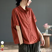 【ACheter】 文藝復古麻棉短袖襯衫寬鬆顯瘦百搭純色短版上衣# 119663 L 紅色