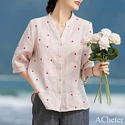 【ACheter】 文藝寬鬆v領棉麻感襯衫五分袖顯瘦印花短版上衣# 119665 L 粉紅色