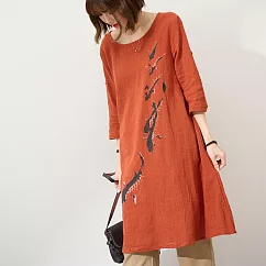 【慢。生活】文藝鯉魚圖案反摺袖棉質連衣裙 FREE 橘色