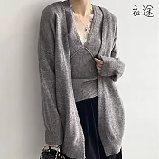 [衣途]高奢蕾絲V領針織背心+外套兩件套裝FREE(KDAQ-B335) F 深灰色