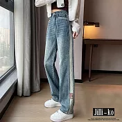 【Jilli~ko】高腰撞色設計闊腿直筒拖地牛仔褲 M-2XL J11039  XL 藍色