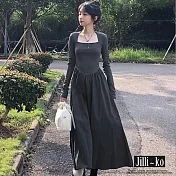 【Jilli~ko】法式赫本風顯瘦方領高腰拼接連衣裙 J11070  FREE 灰色
