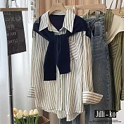 【Jilli~ko】假兩件披肩慵懶風法式條紋襯衫 J11021  FREE 藍色