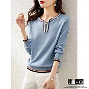 【Jilli~ko】配色飄帶領氣質薄款長袖針織衫 J11001  FREE 藍色