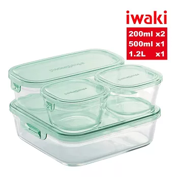 【iwaki】日本品牌耐熱玻璃保鮮盒四入組(200ml*2+500ml+1.2L/保鮮/備料/烤模/便當盒)綠色(原廠總代理)