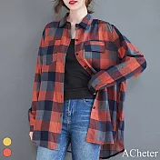 【ACheter】 棉質翻領長袖襯衫寬鬆大碼格子口袋休閒中長上衣外罩# 119603 XL 紅色